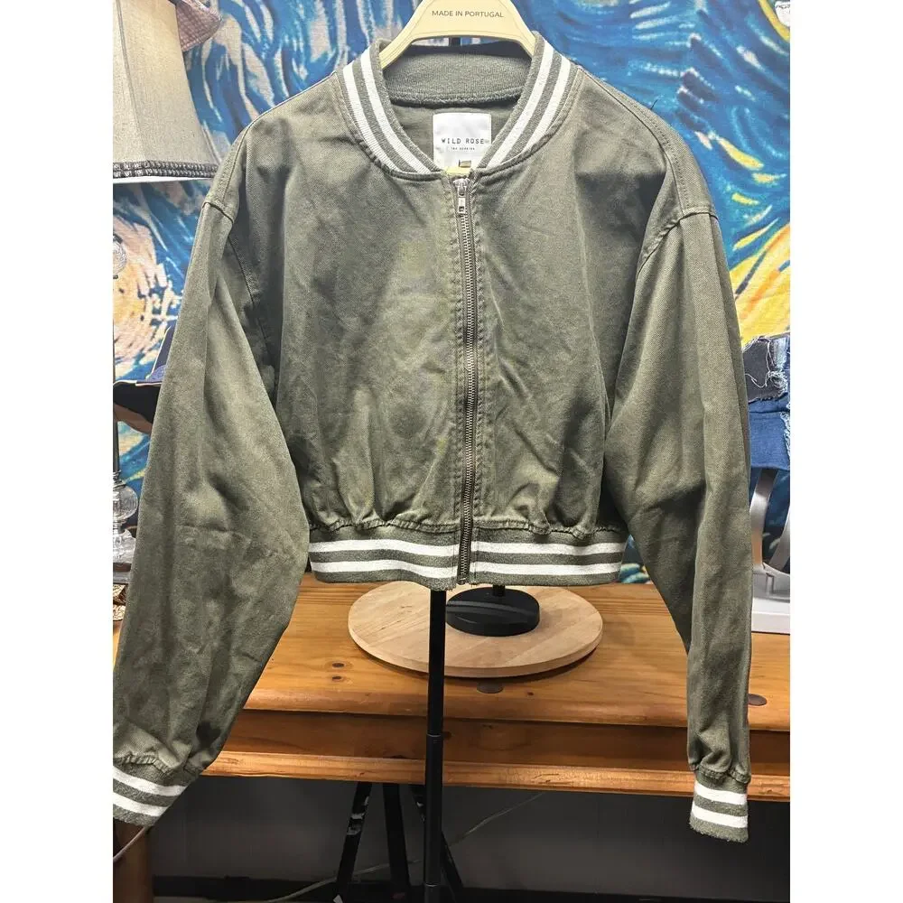 Wild Rose Los Angeles Cropped Bomber Jacket Green Zip Front Embroidered Small